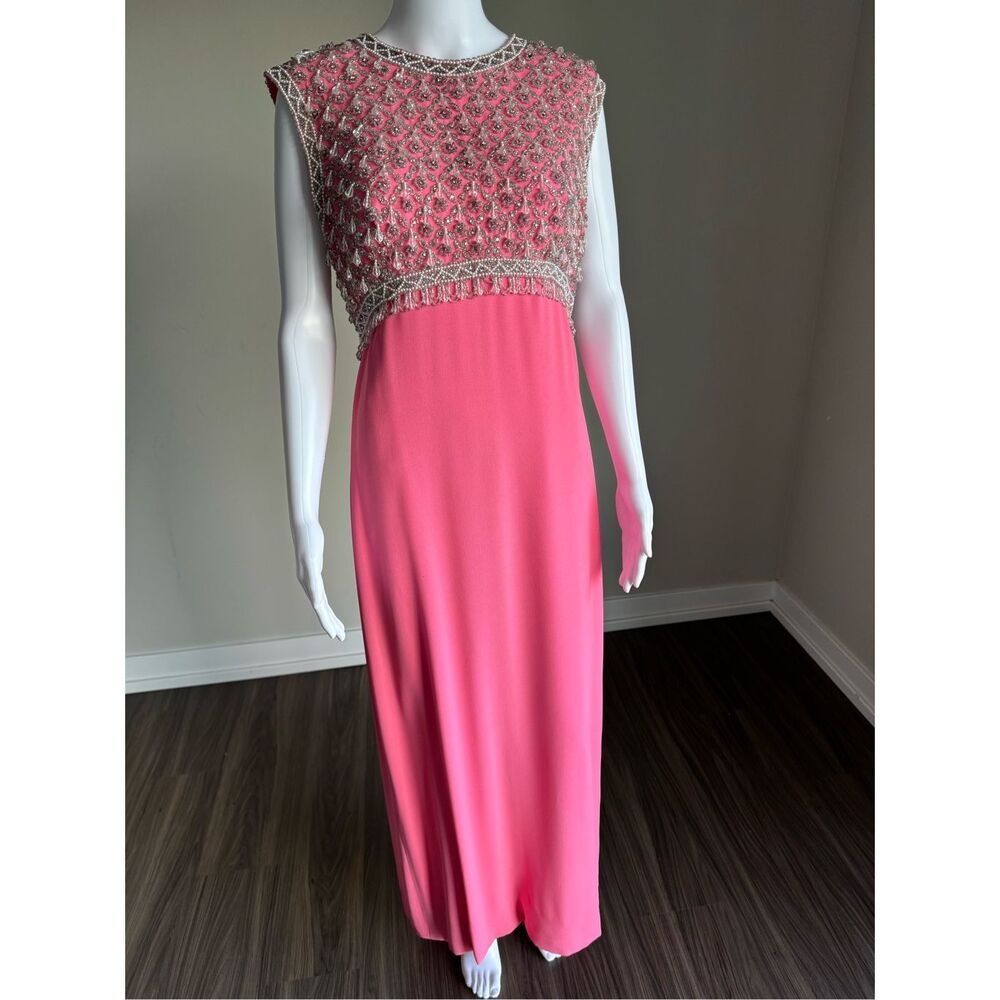 Vintage 60’s Beaded Bodice Gown Maxi Dress With Back Bows